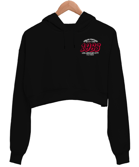 Tisho - 1983 LOS ANGELES Siyah Kadın Crop Hoodie Kapüşonlu Sweatshirt