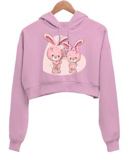 2 sevimli tavşan Pembe Kadın Crop Hoodie Kapüşonlu Sweatshirt