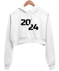 2024 yılbaşı Beyaz Kadın Crop Hoodie Kapüşonlu Sweatshirt