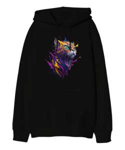 3 Boyutlu Kedi Siyah Oversize Unisex Kapüşonlu Sweatshirt