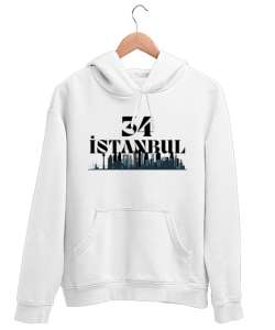 34 İstanbul Beyaz Unisex Kapşonlu Sweatshirt