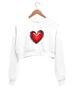  3D Kalp Beyaz Kadın Crop Sweatshirt