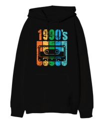 90s Mixtape Siyah Oversize Unisex Kapüşonlu Sweatshirt