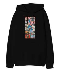 90’s Siyah Oversize Unisex Kapüşonlu Sweatshirt