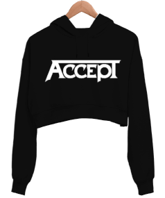 Accept Heavy Metal Baskılı Siyah Kadın Crop Hoodie Kapüşonlu Sweatshirt