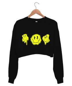 Acid Smile Siyah Kadın Crop Sweatshirt