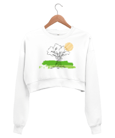 Ağaç Silüeti Temalı Kadın Crop Sweatshirt