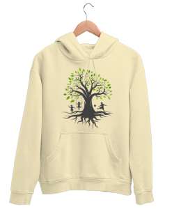 Ağaç ve Oynayan Çocuklar Krem Unisex Kapşonlu Sweatshirt