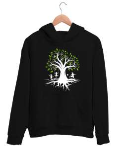 Ağaç ve Oynayan Çocuklar Siyah Unisex Kapşonlu Sweatshirt