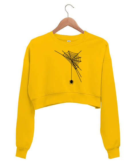 Tisho - Ağından Sarkan Örümcek - Spider Sarı Kadın Crop Sweatshirt