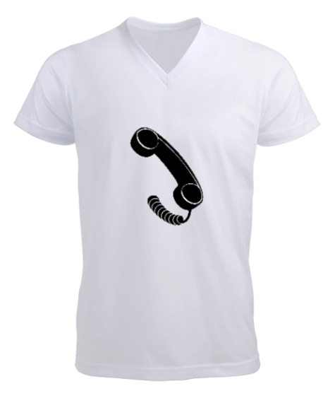 Tisho - AHİZELİ TELEFON Beyaz Erkek Kısa Kol V Yaka Tişört