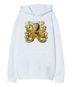 Ahtapot - Octobus Blu 3 Beyaz Oversize Unisex Kapüşonlu Sweatshirt