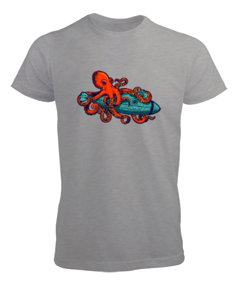Tisho - Ahtapot ve Denizaltı - Octopus Gri Erkek Tişört