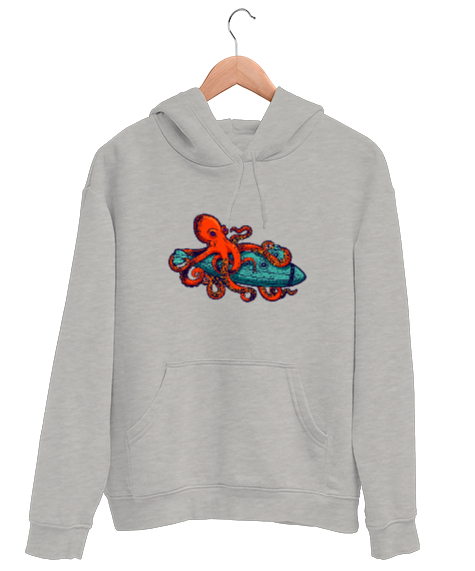 Tisho - Ahtapot ve Denizaltı - Octopus Gri Unisex Kapşonlu Sweatshirt