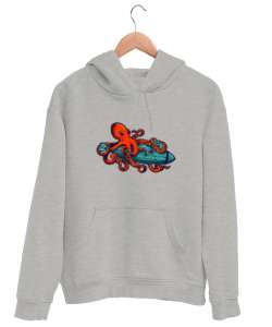 Ahtapot ve Denizaltı - Octopus Gri Unisex Kapşonlu Sweatshirt