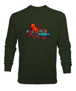 Ahtapot ve Denizaltı - Octopus Haki Yeşili Erkek Sweatshirt