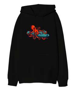 Ahtapot ve Denizaltı - Octopus Siyah Oversize Unisex Kapüşonlu Sweatshirt