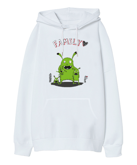 Ailemi Seviyorum - Mutlu aile Beyaz Oversize Unisex Kapüşonlu Sweatshirt