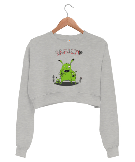 Ailemi Seviyorum - Mutlu aile Gri Kadın Crop Sweatshirt