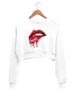 Akan Rujlu Dudak - Lips Beyaz Kadın Crop Sweatshirt