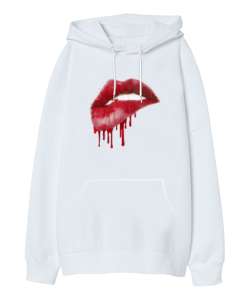 Akan Rujlu Dudak - Lips Beyaz Oversize Unisex Kapüşonlu Sweatshirt