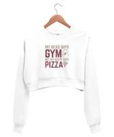 Aklım GYM Kalbim Pizza Diyor - Fitness - Halter - Yemek Beyaz Kadın Crop Sweatshirt - Thumbnail