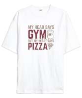 Aklım GYM Kalbim Pizza Diyor - Fitness - Halter - Yemek Beyaz Oversize Unisex Tişört - Thumbnail