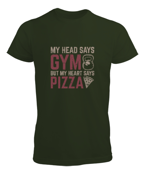 Tisho - Aklım GYM Kalbim Pizza Diyor - Fitness - Halter - Yemek Haki Yeşili Erkek Tişört
