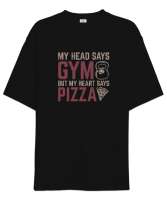 Aklım GYM Kalbim Pizza Diyor - Fitness - Halter - Yemek Siyah Oversize Unisex Tişört - Thumbnail