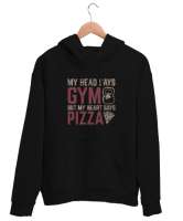 Aklım GYM Kalbim Pizza Diyor - Fitness - Halter - Yemek Siyah Unisex Kapşonlu Sweatshirt - Thumbnail