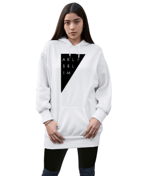 Aklıselim Beyaz TiNCiR Kadın Uzun Hoodie Kapüşonlu Sweatshirt