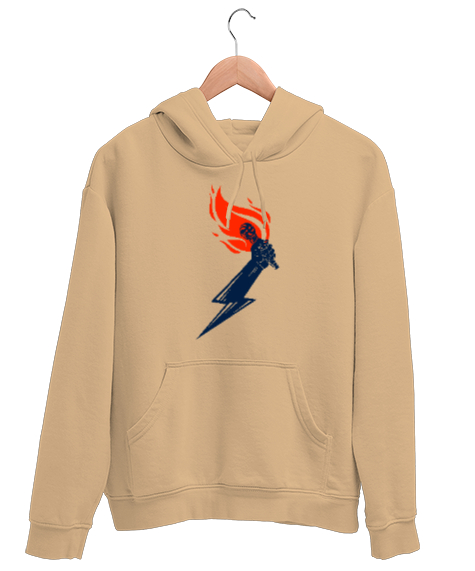 Tisho - Alevli Mikrofon ve Şimşek Camel Unisex Kapşonlu Sweatshirt