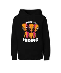 Alien Tasarım Baskılı Siyah Çocuk Unisex Hoodie Kapüşonlu