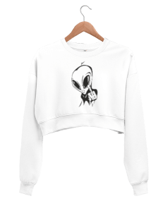 Alien Uzaylı Tasarım Baskılı Kadın Crop Sweatshirt