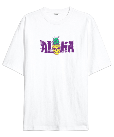 Tisho - Aloha - Ananas Skull Beyaz Oversize Unisex Tişört