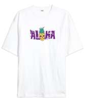 Aloha - Ananas Skull Beyaz Oversize Unisex Tişört - Thumbnail