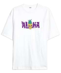 Aloha - Ananas Skull Beyaz Oversize Unisex Tişört