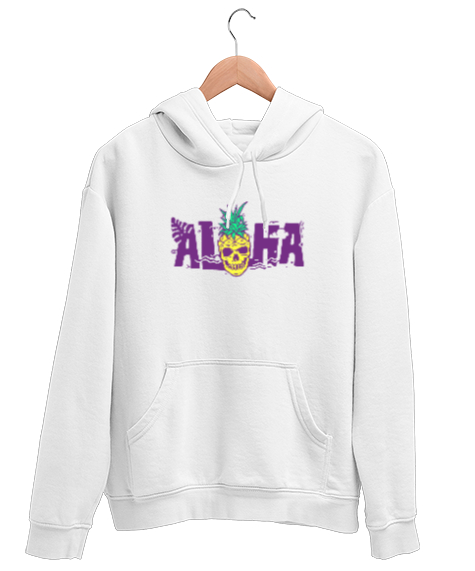 Tisho - Aloha - Ananas Skull Beyaz Unisex Kapşonlu Sweatshirt