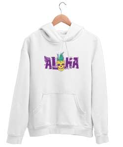 Aloha - Ananas Skull Beyaz Unisex Kapşonlu Sweatshirt