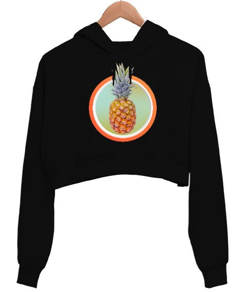 Tisho - Ananas Siyah Kadın Crop Hoodie Kapüşonlu Sweatshirt