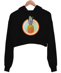 Ananas Siyah Kadın Crop Hoodie Kapüşonlu Sweatshirt