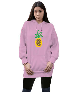 Ananas Tasarımlı Kadın Uzun Hoodie Kapüşonlu Sweatshirt