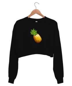 Ananaslı Siyah Kadın Crop Sweatshirt