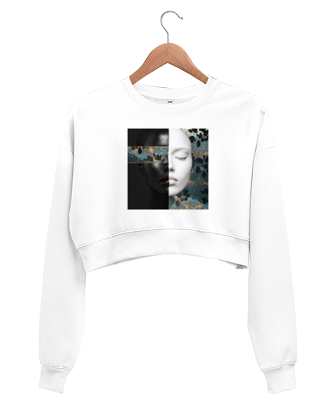 Tisho - Androidface Beyaz Kadın Crop Sweatshirt