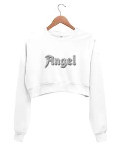 Angel Baskılı Beyaz Kadın Crop Sweatshirt