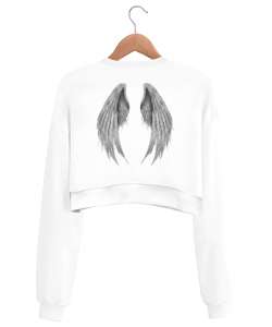 Angel Baskılı Beyaz Kadın Crop Sweatshirt