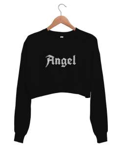 Angel Baskılı Siyah Kadın Crop Sweatshirt