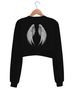 Angel Baskılı Siyah Kadın Crop Sweatshirt