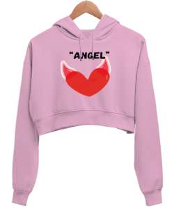 ANGEL Pembe Kadın Crop Hoodie Kapüşonlu Sweatshirt