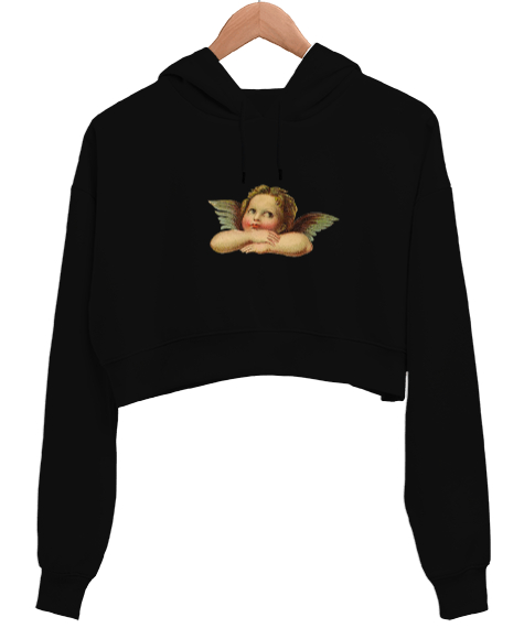 Angel Siyah Kadın Crop Hoodie Kapüşonlu Sweatshirt